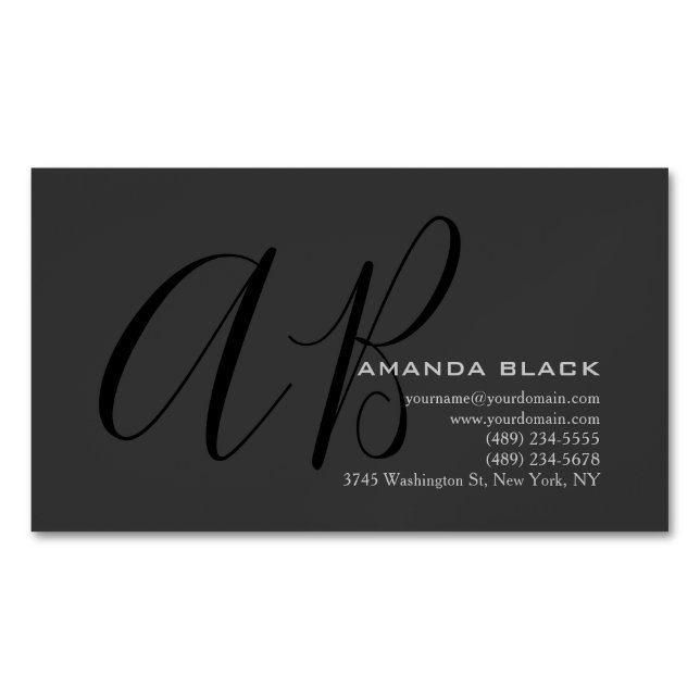 Handskriven monogram anpassad grå svart anpassad  magnetiska visitkort (Framsida)