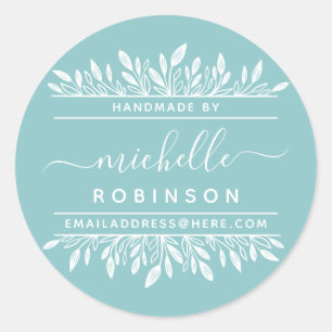 Handskriven Namn Blue & White Botanical Handmade Runt Klistermärke