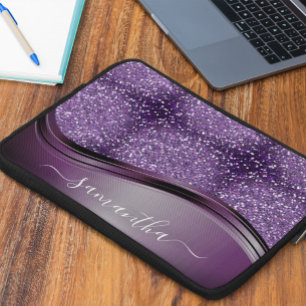Handskriven Namn Glam Lila Metall Glitter Laptop Fodral