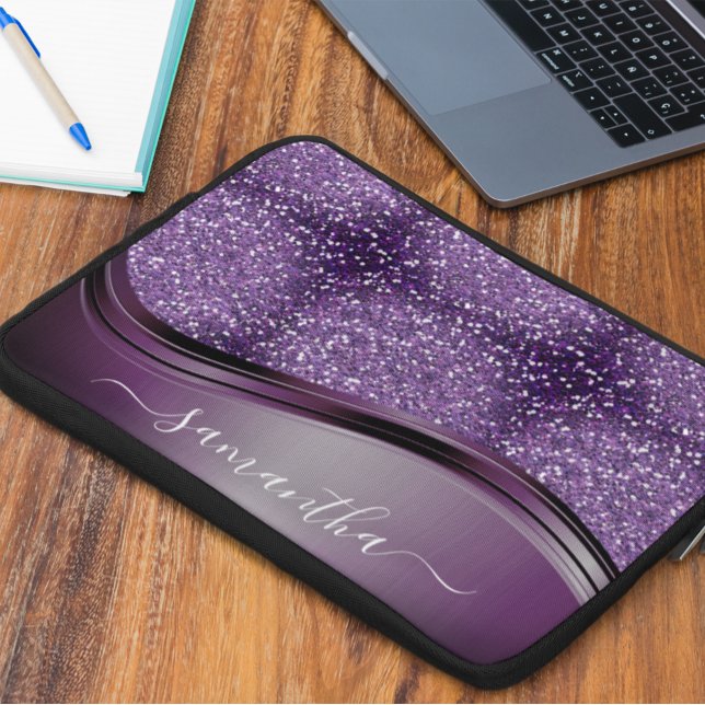 Handskriven Namn Glam Lila Metall Glitter Laptop Fodral (Skapare uppladdad)