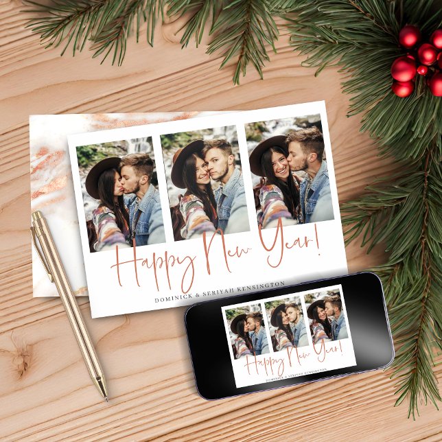 Handskriven nyårskoppling Ro Guld Marble Julkort (Handwritten New Year Copper Rose Gold Marble Holiday Card)