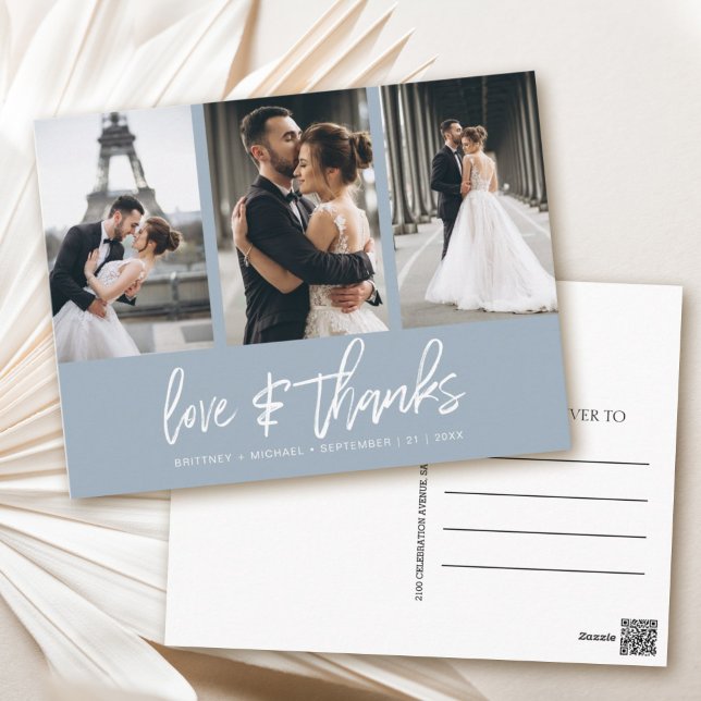 Handskriven Photo Collage Dusty Blue-Tack Vykort (Show your appreciation to your loved ones with an awesome photo thank-you card!)