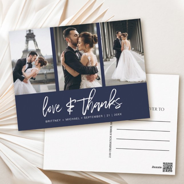 Handskriven Photo Collage Navy Blue-Tack Vykort (Show your appreciation to your loved ones with an awesome photo thank-you card!)