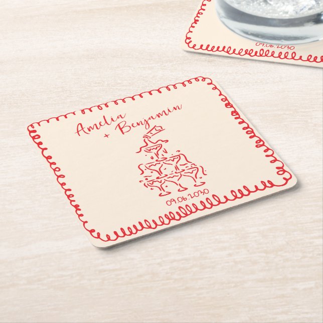 Handskriven retro champagne torn bröllop underlägg papper kvadrat (Vinklad)