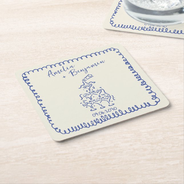 Handskriven retro champagne torn bröllop underlägg papper kvadrat (Vinklad)