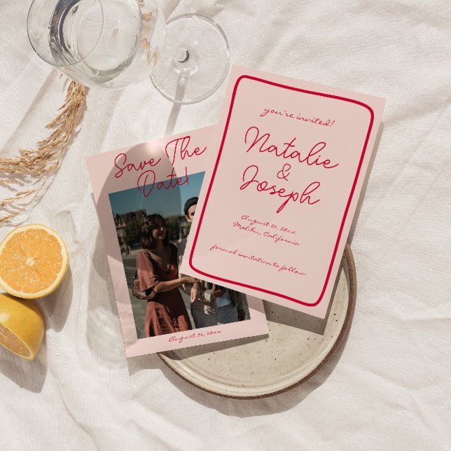 Handskriven Retro-färgfull modern foto Bröllop Spara Datumet (Skapare uppladdad)