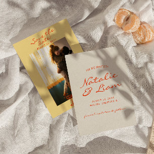 Handskriven ritad färgfull Retro Photo Bröllop Spara Datumet