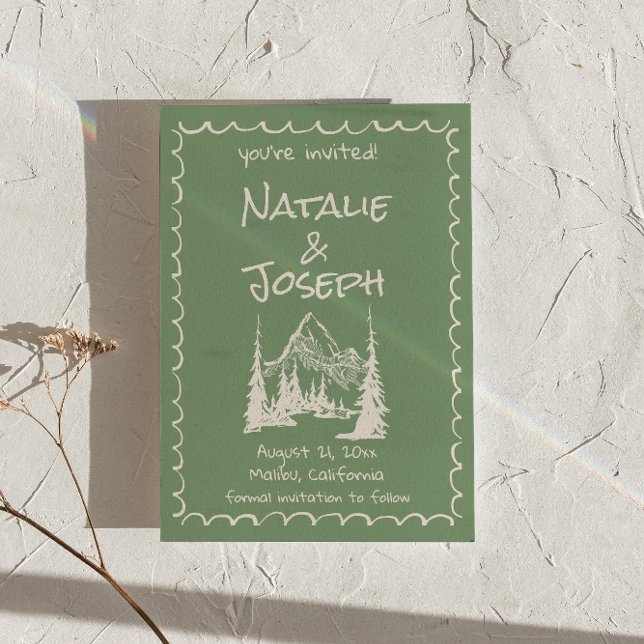 Handskriven ritad Grönt Cream Roligt Bröllop Spara Datumet (Skapare uppladdad)