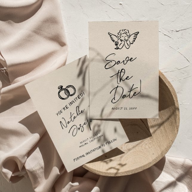 Handskriven ritad Retro Cupid Quirky Bröllop Spara Datumet (Skapare uppladdad)