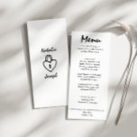 Handskriven ritad Retro Quirky Unique Bröllop Meny<br><div class="desc">En färglös funky,  en modern meny för peach gult bröllop. Med chicens malldesign för bho-vintagens vita bakgrund och svarta typografi och handskriven meny i svartvitt. Och vit bakgrund med hand plockade hjärta i lås på baksidan. Perfekt och matchning med hela sviten.</div>