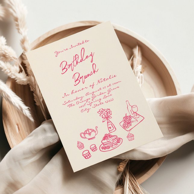 Handskriven ritad Rosa Quirky Brunch Birthday Inbjudningar (Skapare uppladdad)