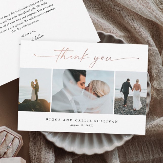Handskriven Rosa Guld Skrift Bröllopsfoto  Tack Kort (Elegant handwritten rose gold script wedding photo thank you cards.)