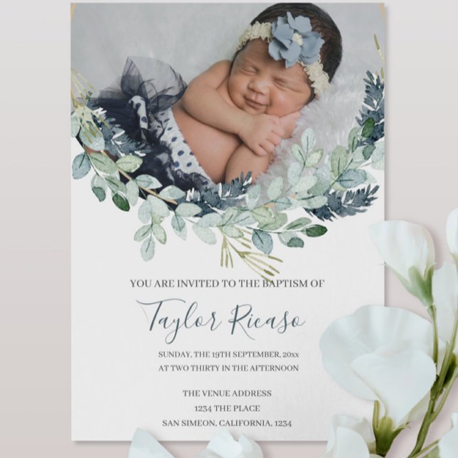 Handskriven skrivstil Typografi Utandningspaptism Inbjudningar (Handwritten Script Typography Wreath Baptism Invitation from Ricaso Add your own photo and text)