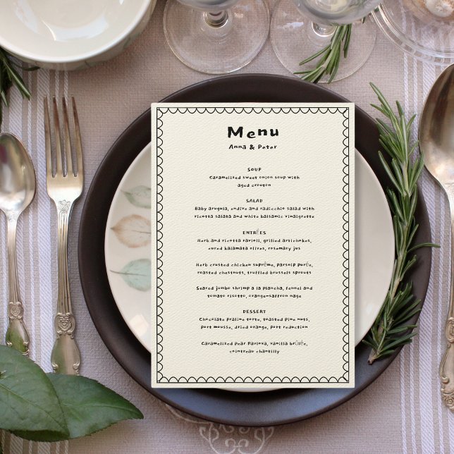 Handskriven Teckning Black & White Bröllop Meny (Hand written Wedding Menu)