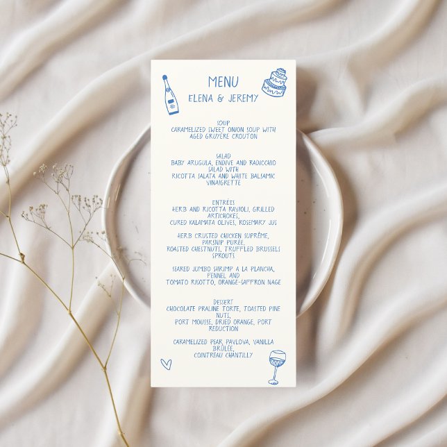 Handskriven Teckning Scribble Blue Bröllop Meny (Blue Scribble Wedding Menu )