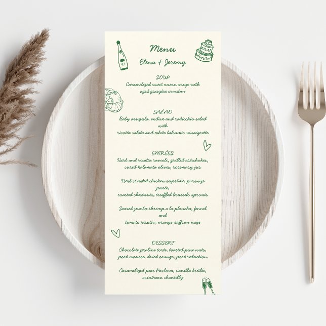 Handskriven Teckning Scribble Grönt Bröllop Meny (Green hand illustration wedding menu)