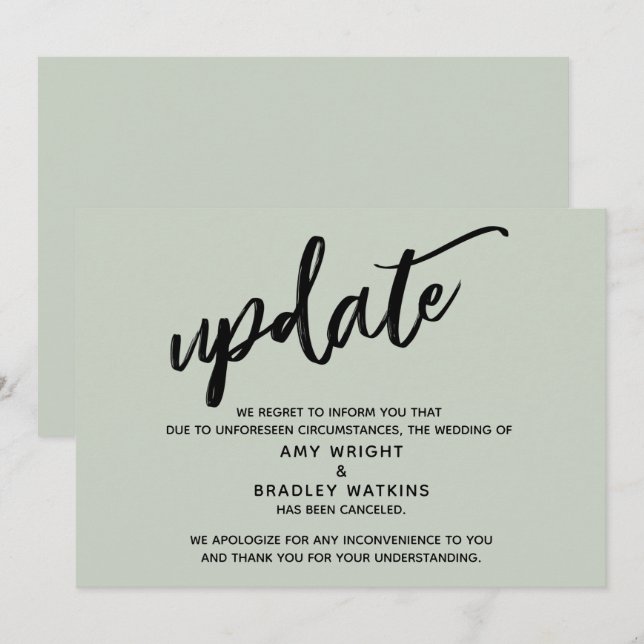 Handskriven Uppdatering om Inställd Bröllopsfest i Inbjudningar (Fram/baksida)