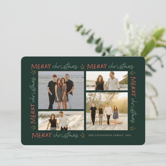 Handskrivet julkort med 4 fotopatkort Ram (Stående Fram)