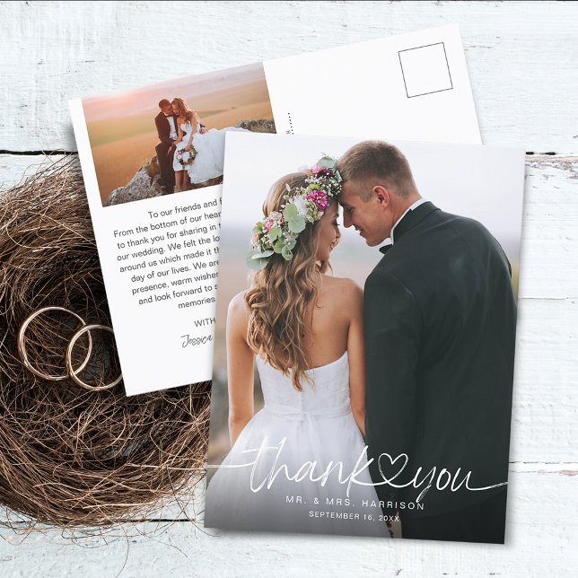 Handskrivet manus Fotos Bröllop Tack Vykort (Hand Lettered Script Photos Wedding Thank You Postcard)