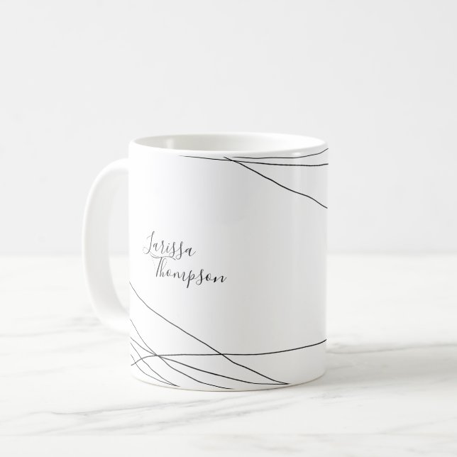 handskrivet namn + böjda tunna linjer elegant vitt kaffemugg (Framsida vänster)