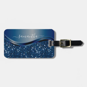 Handskrivet namn marinblå metallglitter bagagebricka
