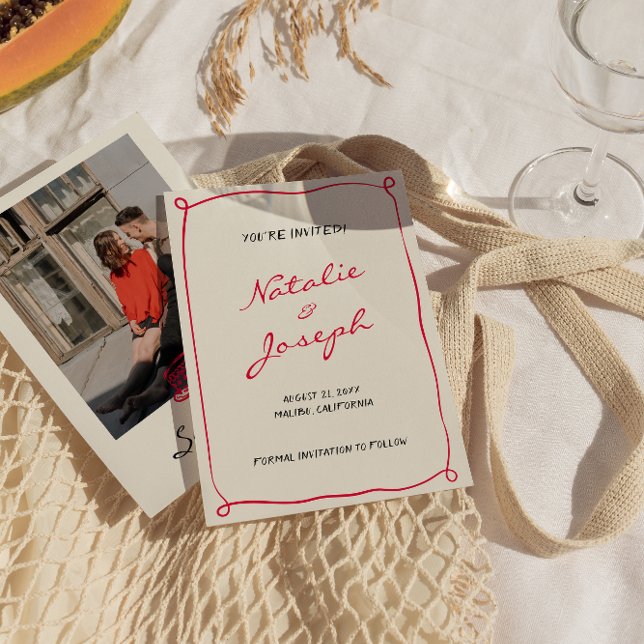 Handskrivet ritat Retro Whimsical Photo Bröllop Spara Datumet (Skapare uppladdad)