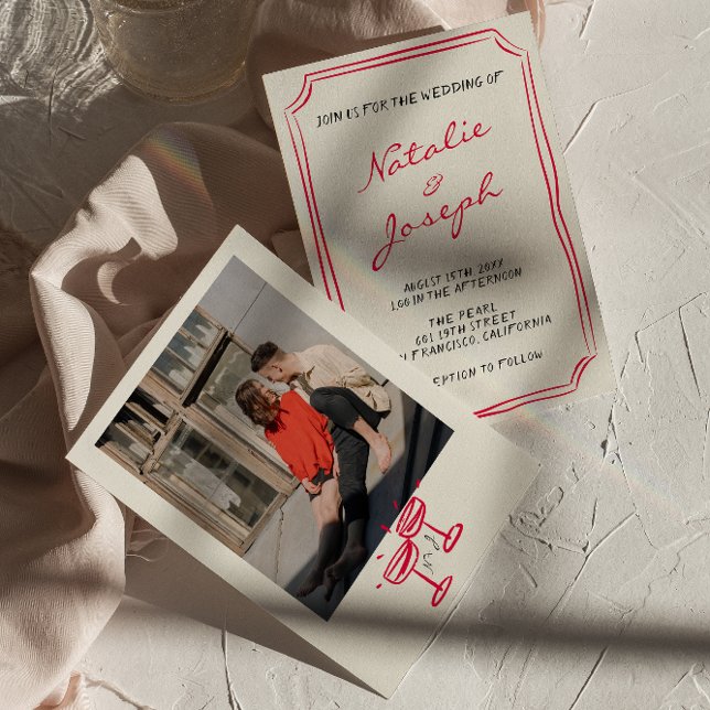 Handskrivet ritat Whimsical Retro Photo Bröllop Inbjudningar (Skapare uppladdad)