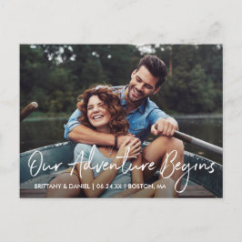 Handskrivet skript Äventyr börjar spara datumet Vykort