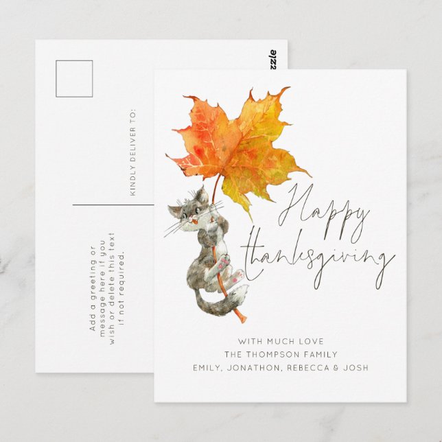 Handskrivet skript i Cute Cat Happy thanksgiving Vykort (Fram/baksida)