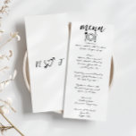 Handskrivet skrivet skript, fyrkantigt unikt Bröll Meny<br><div class="desc">En färglös funky,  en modern meny för peach gult bröllop. Med chicens malldesign för bho-vintagens vita bakgrund och svarta typografi och handskriven meny i svartvitt. Och vit bakgrund med hand plockade hjärta i kärlek på baksidan med bruds och brudgummens initialer. Perfekt och matchning med hela sviten.</div>