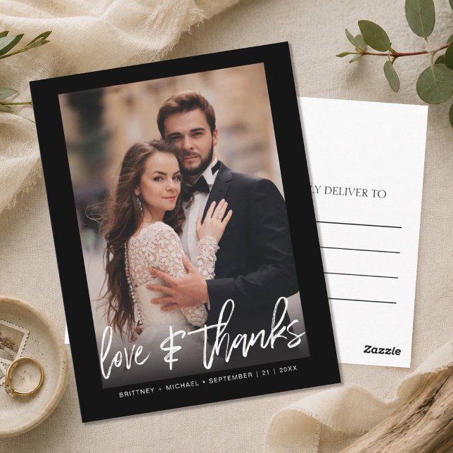 Handskrivet svart foto-Tack Vykort (Send a sophisticated and budget-friendly note of appreciation with this modern black thank you.)
