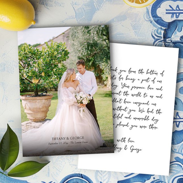 Handskrivet tackkort med Bröllop-foto Tack Kort (Handwritten print thank you card with wedding photo by Darling & May)
