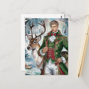 Handsome blond man och en julrenare vykort