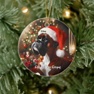 Handsome Boxer med Santa Hat Julgransprydnad Keramik