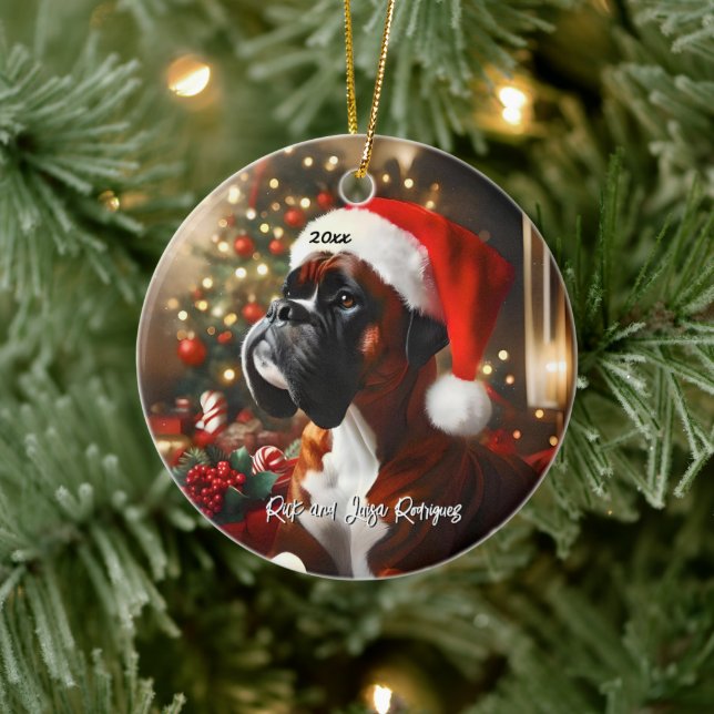 Handsome Boxer med Santa Hat Julgransprydnad Keramik (Träd)
