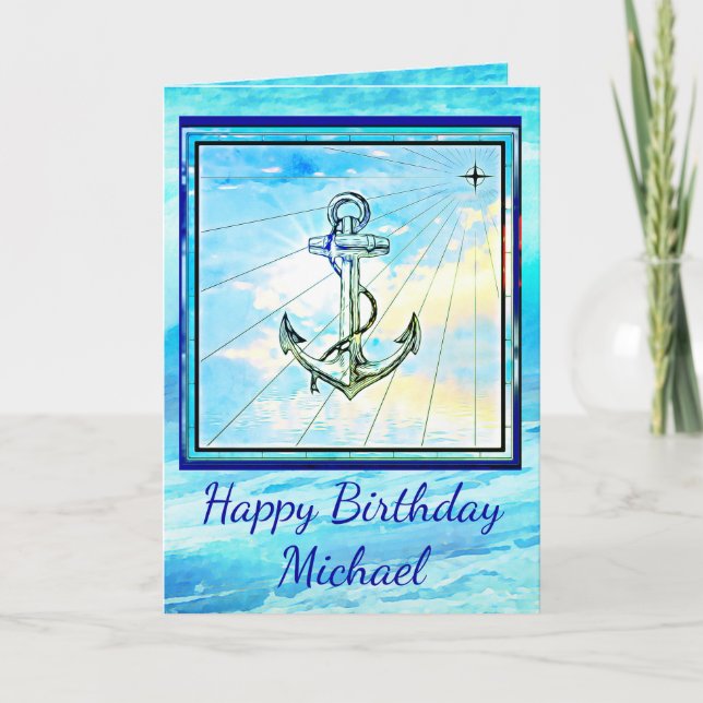 Handsome Kedge Anchor and Ocean Wave Birthday Card Kort (Framsida)