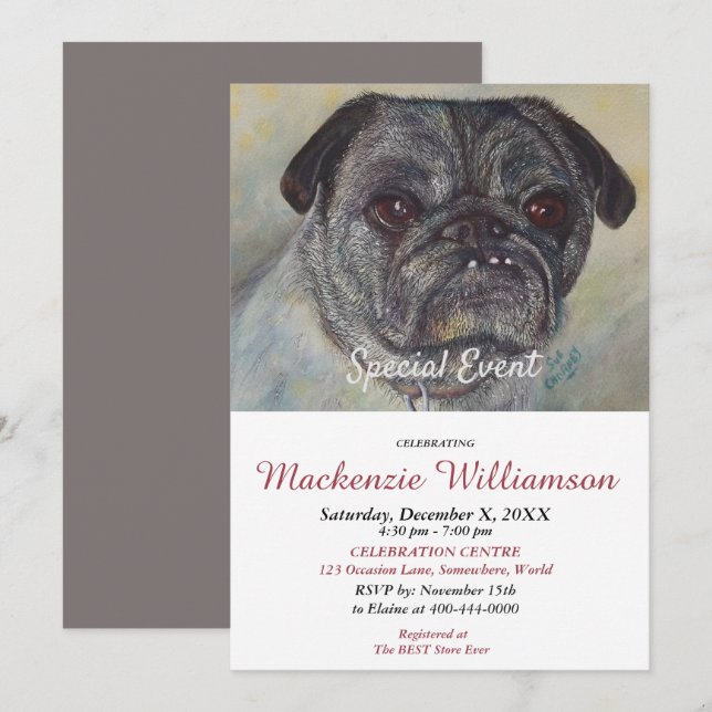 HANDSOME PUG ÖNSKEMÅL GRATTIS PÅ FÖDELSEDAGEN INBJUDNINGAR (Fram/baksida)