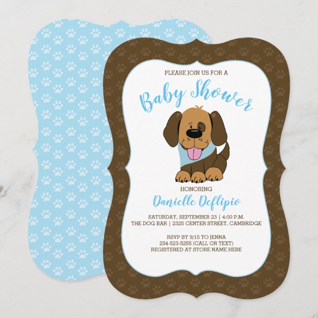 Handsome Puppy Hund Boy Baby Shower Inbjudan Brown (Fram/baksida)