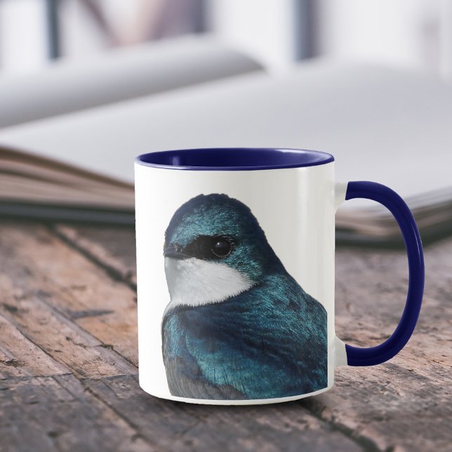 Handsome Träd Sväljer: Bird on a Wire Mugg (Handsome Male Tree Swallow 11 oz Coffee Mug Cover Photo.)