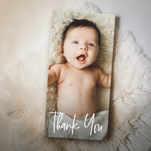 Handstilat anpassat bokmärke Baby Shower Foto Tack Kort (Custom baby photo thank you bookmark style card.)