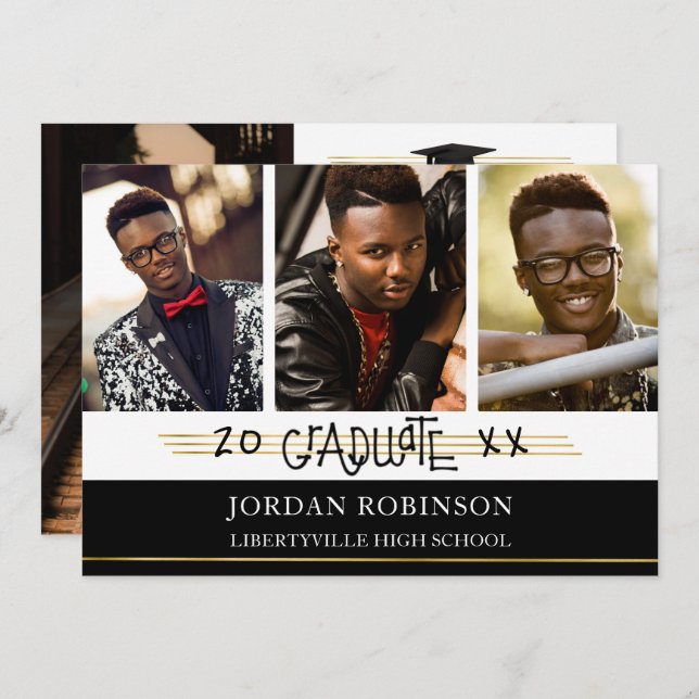 Handtryckt Student | Svarta och Guld Linjer Inbjudningar (Fram/baksida)