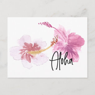 Handvatten Färgpenna Hawaii Hibiskus Blommig Rosa Vykort