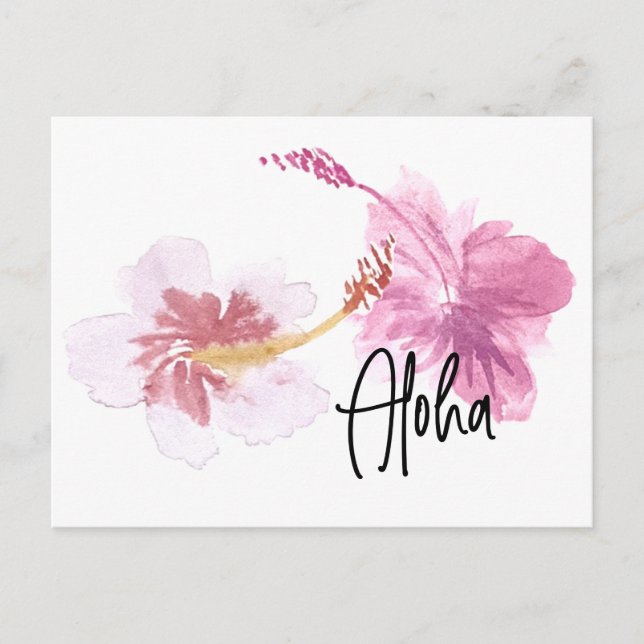 Handvatten Färgpenna Hawaii Hibiskus Blommig Rosa Vykort (Framsida)