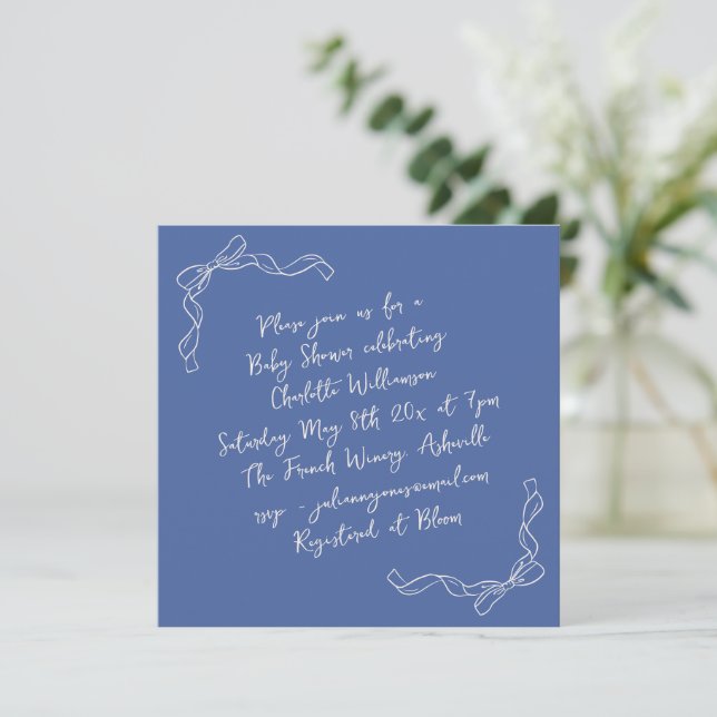Handwritten Coquette Bow Blue Bridal Shower Square Inbjudningar (Stående Fram)