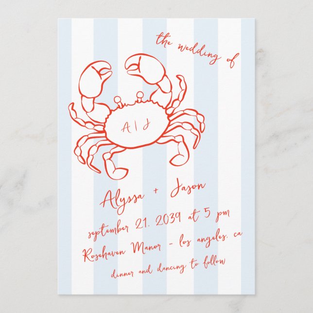 Handwritten Lobster Nautical Red Blue Wedding Inbjudningar (Framsida)