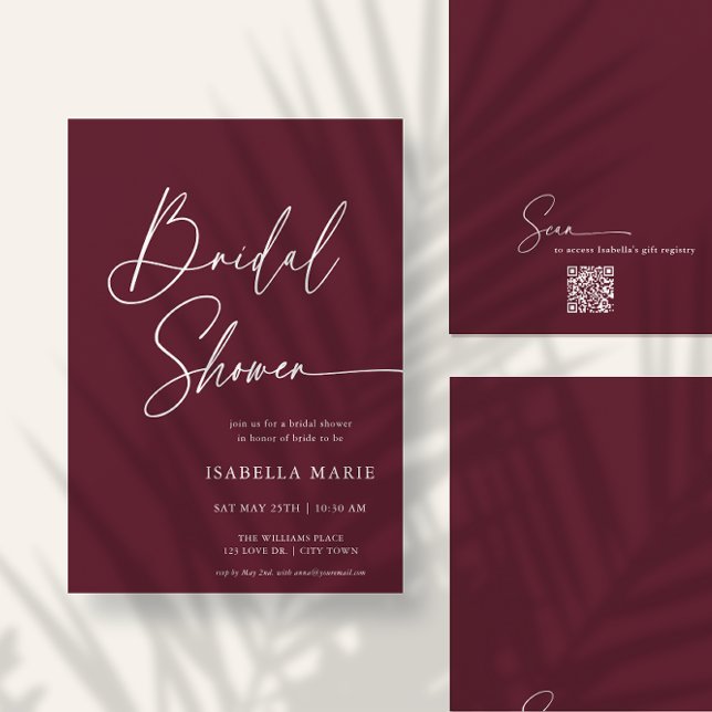 Handwritten Modern MInimal Burgundy Bridal Shower Inbjudningar (Front and back of flat 5x7 bridal shower invitation. Choose size, corner + paper style.)