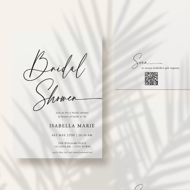 Handwritten Modern MInimal Script Bridal Shower Inbjudningar (Front and back of flat 5x7 bridal shower invitation. Choose size, corner + paper style.)
