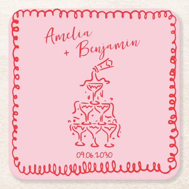 Handwritten  retro Champagne Tower Wedding  Underlägg Papper Kvadrat (Framsidan)