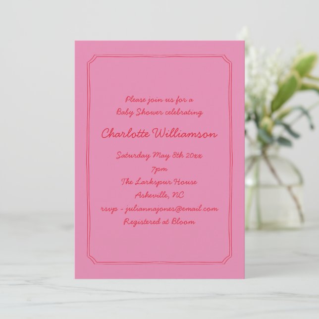 Handwritten Script Pink Red Border Baby Shower Inbjudningar (Stående Fram)