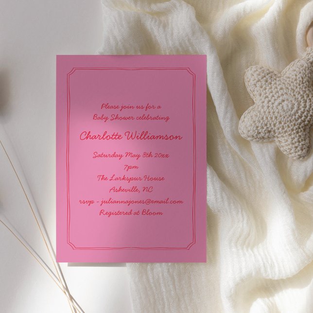 Handwritten Script Pink Red Border Baby Shower Inbjudningar (Skapare uppladdad)